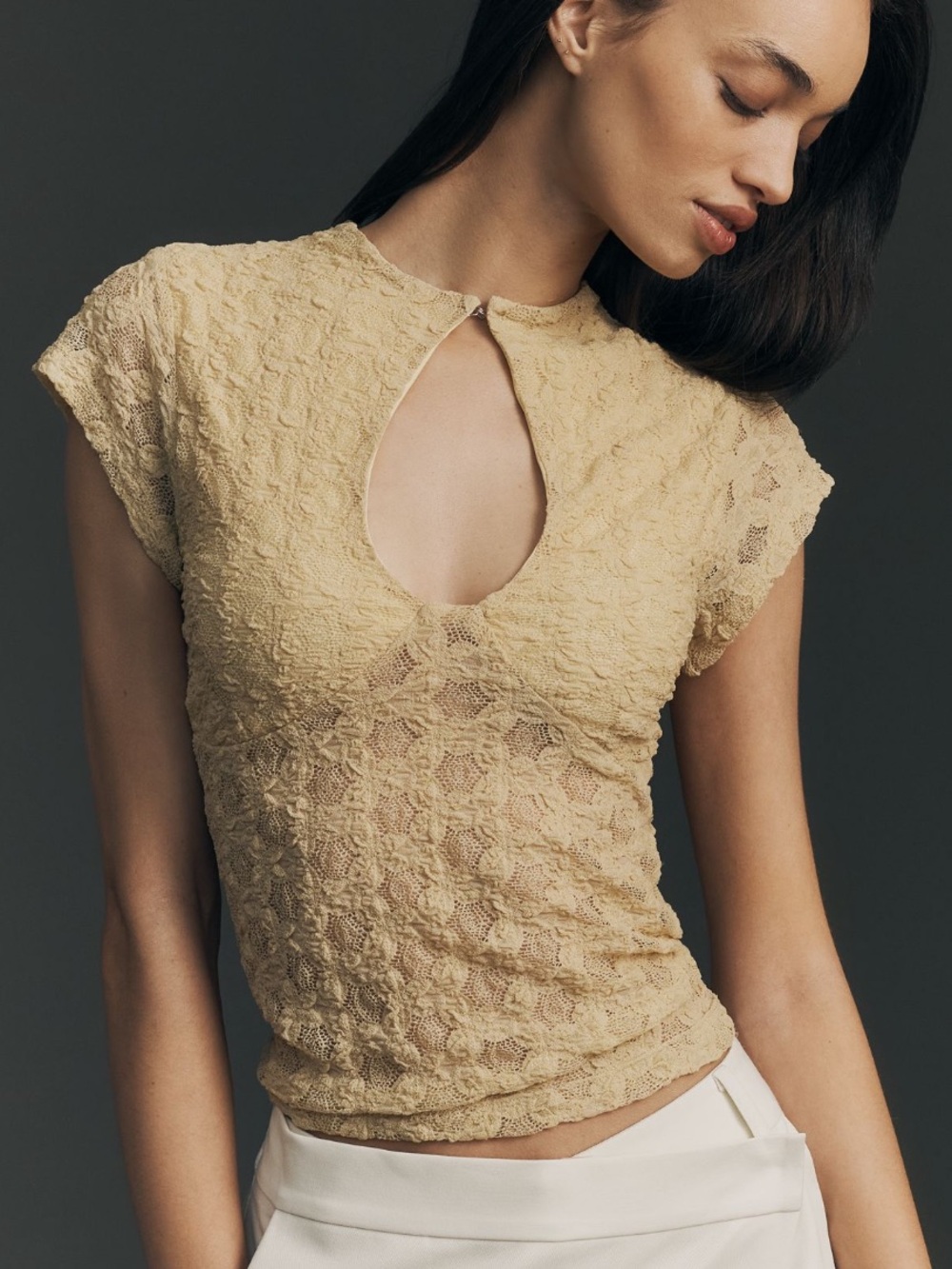 By Anthropologie Keyhole High Neck Lace Top